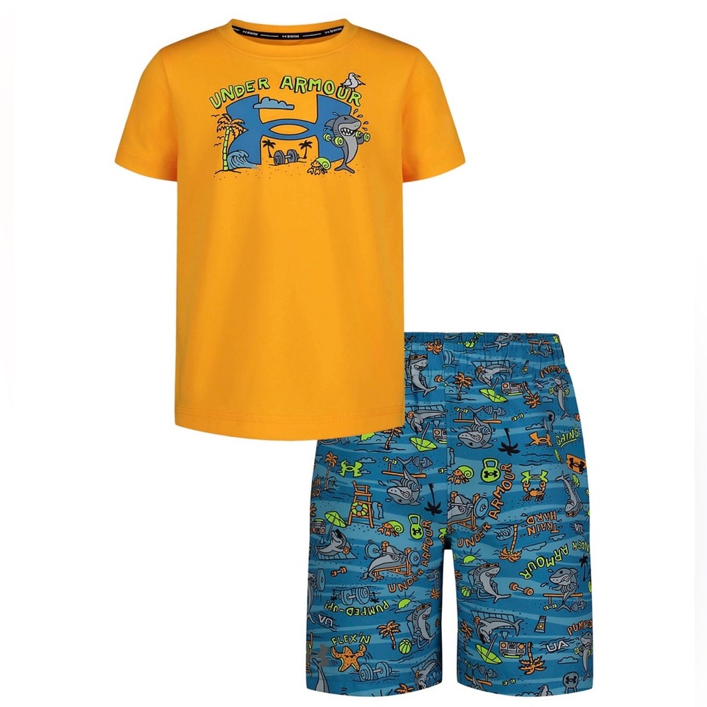 NEW Little Boy Under Armour Orange Rashguard & Blue Swim Trunks Set
